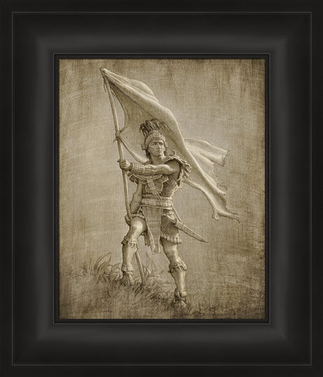 Sketch of a young solder from anicent times holding a large flag.  Art 17