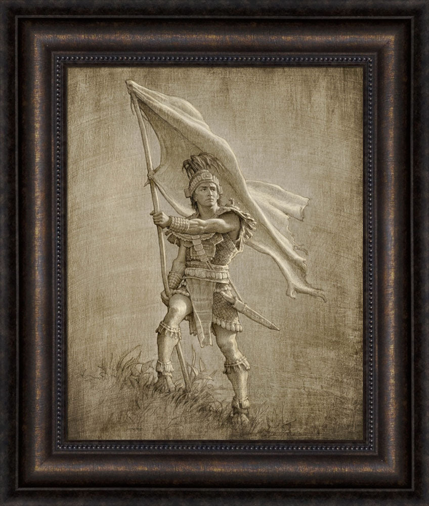 Sketch of a young solder from anicent times holding a large flag.  Art 7