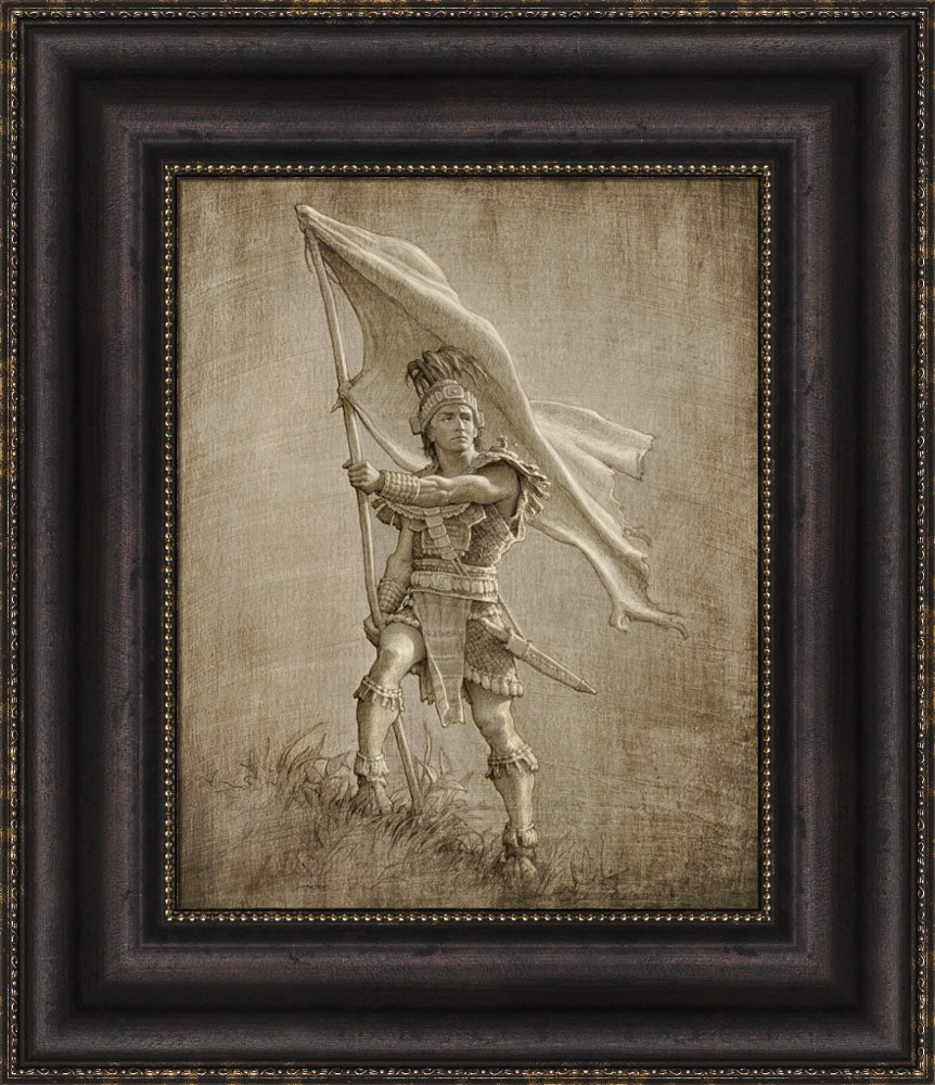 Sketch of a young solder from anicent times holding a large flag.  Art 16