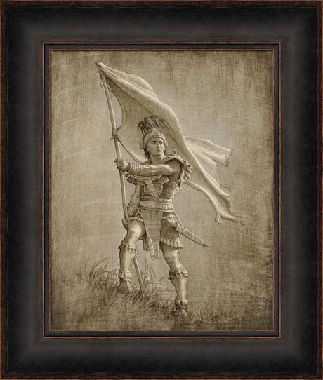 Sketch of a young solder from anicent times holding a large flag.  Art 15