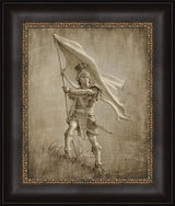 Sketch of a young solder from anicent times holding a large flag.  Art 8