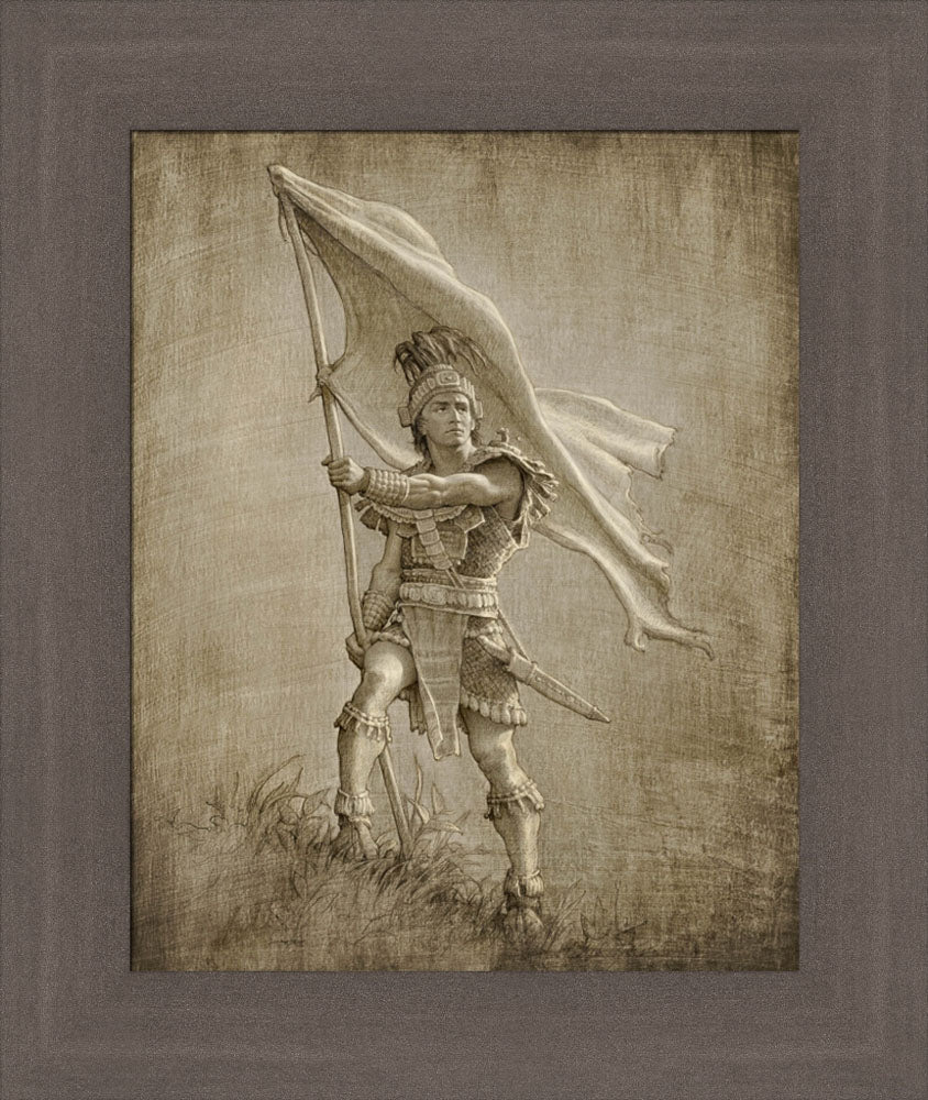 Sketch of a young solder from anicent times holding a large flag.  Art 13