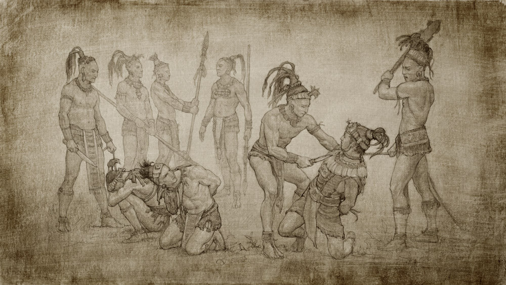 A sketch of a group of ancient warriors being captured by their enemy. 