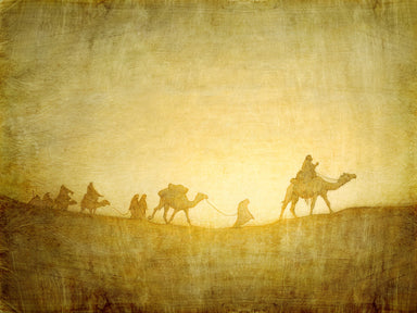 Lehi and his family riding camels across the desert with light behind them