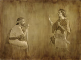 A sketch of two men talking. One sitting and one standing. 