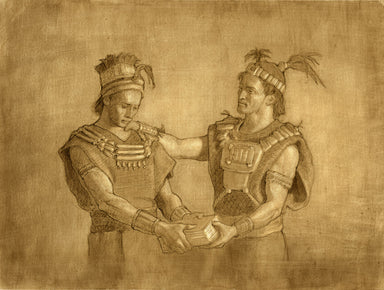 Two men dressed in ancient clothing. One handing a book to the other. 