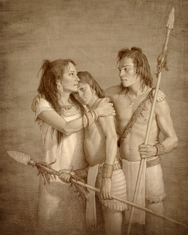 A mother comforting her two young warriors sons holding spears. 