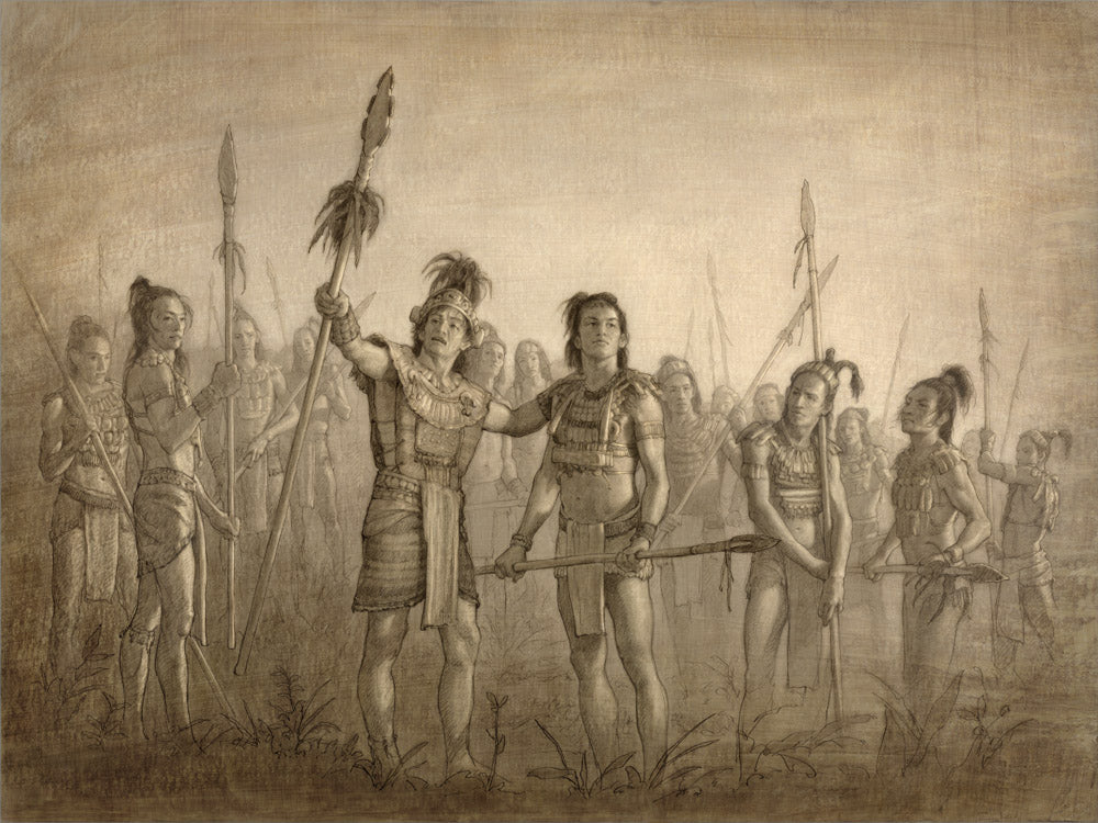 Sketch of a group of young warriors holding spears. 