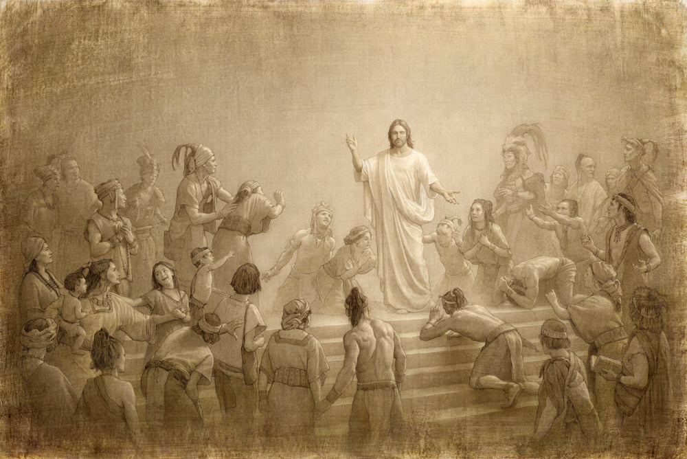 Sketch of Jesus in the Americas surrounded by people. 