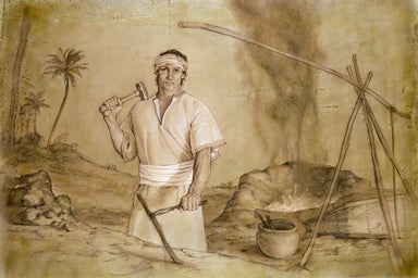 Nephi next to a forge making tools to build a boat to sail to America.