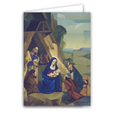 A festive nativity greeting card featuring a serene depiction of the birth of Jesus, perfect for holiday wishes.