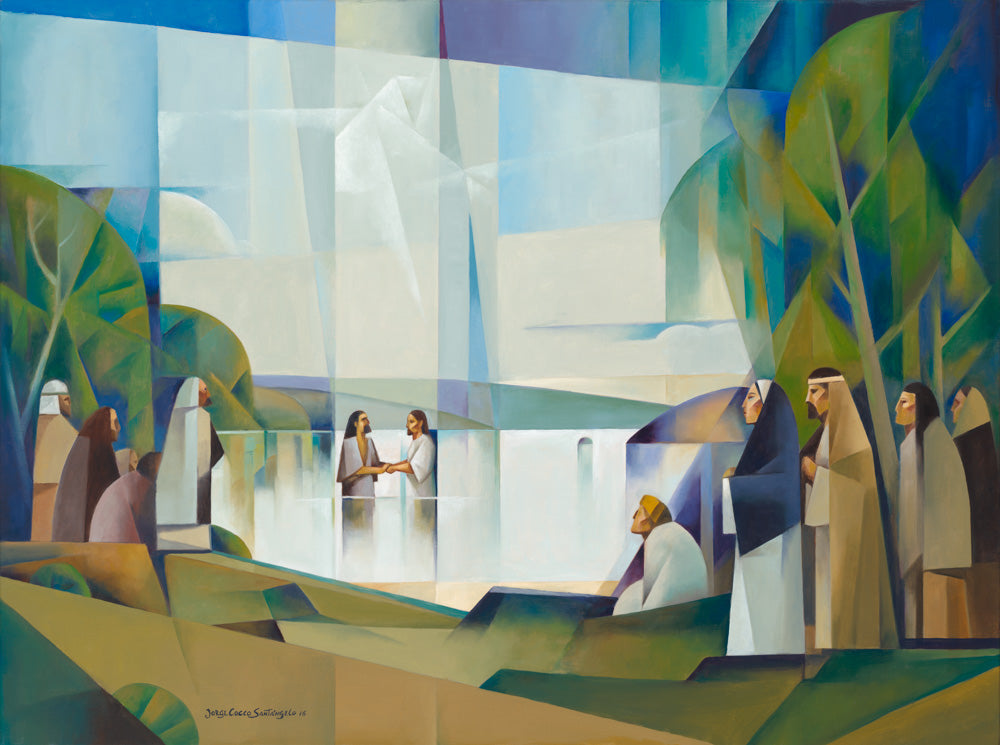 John the Baptist baptizing Jesus in the Jordan river.