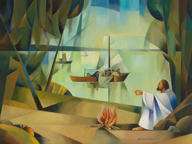 The resurrected Christ directs his apostles where to cast their net to fish.