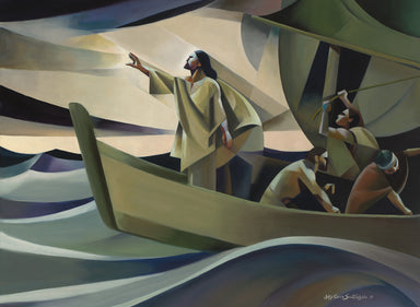 Christ calms the water threatening to overwhelm the boat.
