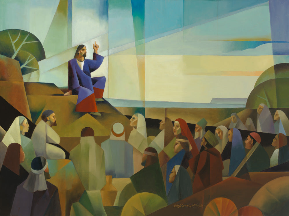 A large gathering of disciples listen to Jesus teach from the mount.