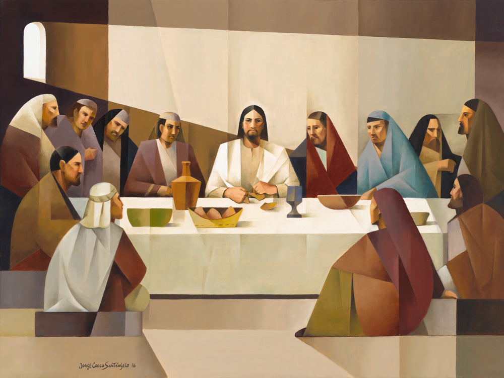 Jesus eats with his apostles giving instruction at the last supper.