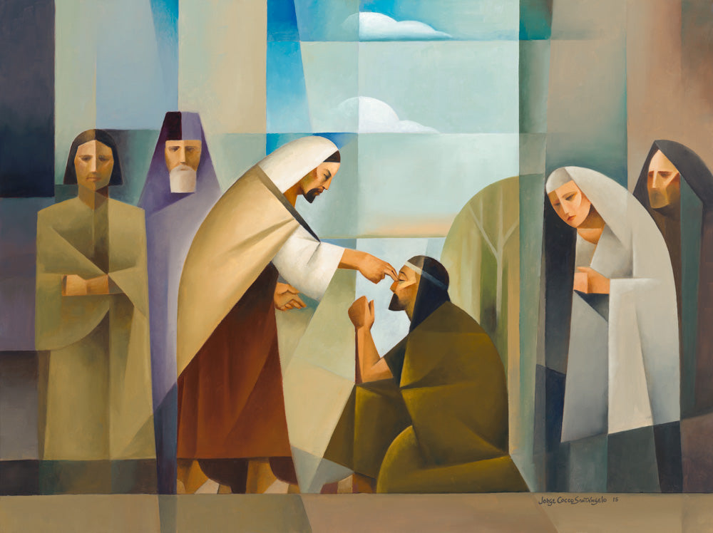 The blind man petitions Jesus to heal him and by his faith he is made whole.