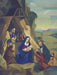 Kneeling Mary holds baby Jesus as Joseph looks on with Shepherds .