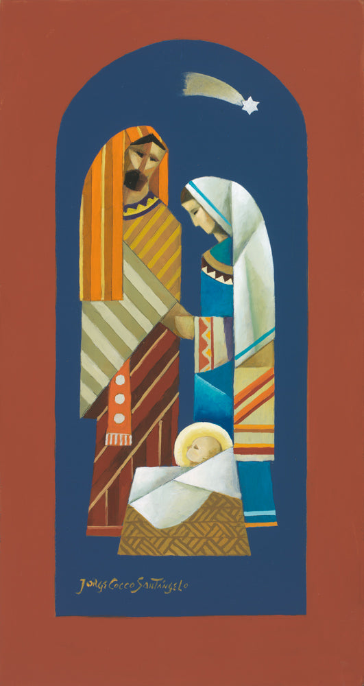 Vertical Nativity scene with Mary, Joseph, and babe in manger under star.