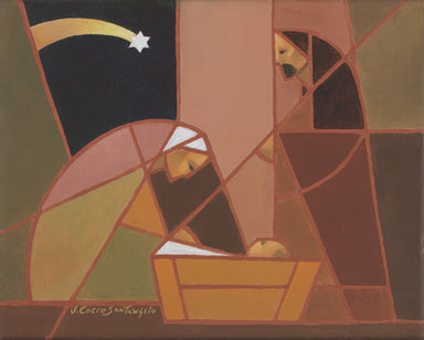 Mary kneeling by the manger under the star as Joseph stands; pink.
