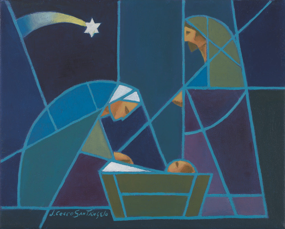 Mary kneeling by the manger under the star as Joseph stands; blue.