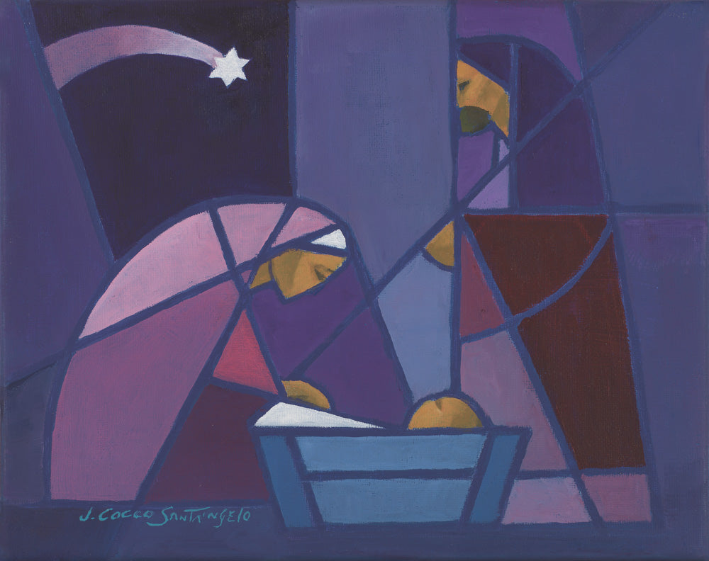 Mary kneeling by the manger under the star as Joseph stands; purple.