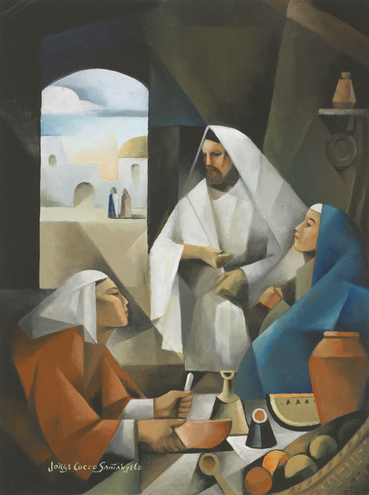 Jesus visiting  inside the home of Mary and her sister Martha.