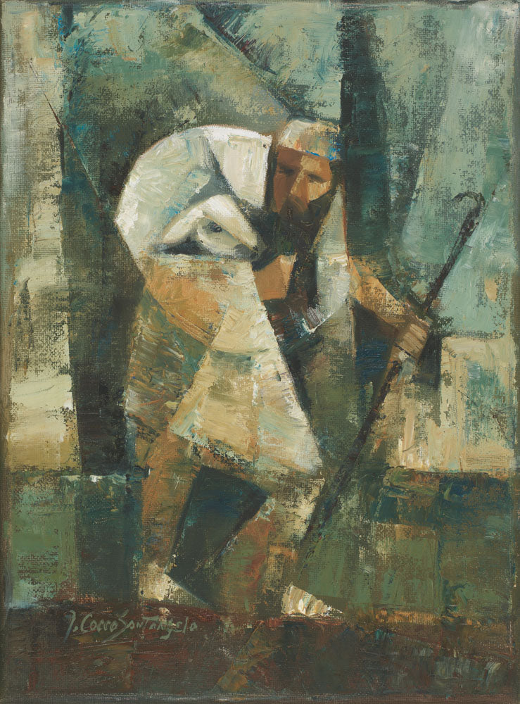 The shepherd holds a hook as he has laid the lamb across his shoulders.