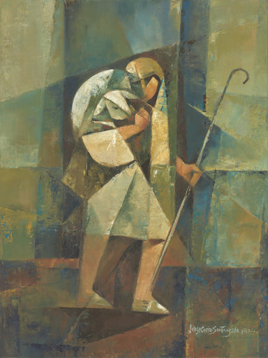 Young Shepherd embraces the lamb as he holds his staff.