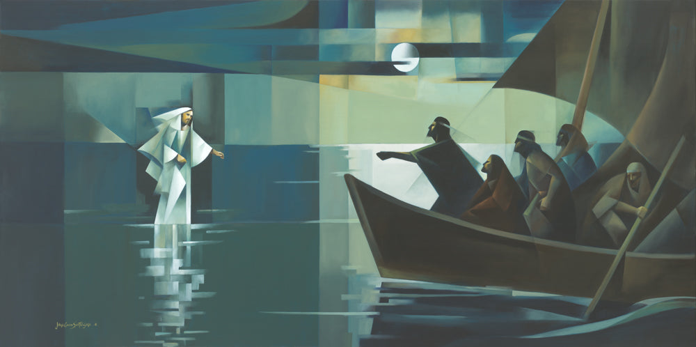 Jesus walking on water, approaches his disciples sailing in a boat.