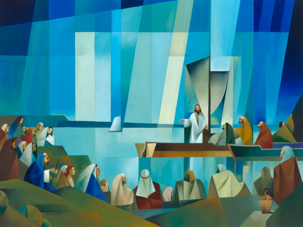 Christ stands in a boat preaching to those sitting on the shoreline.