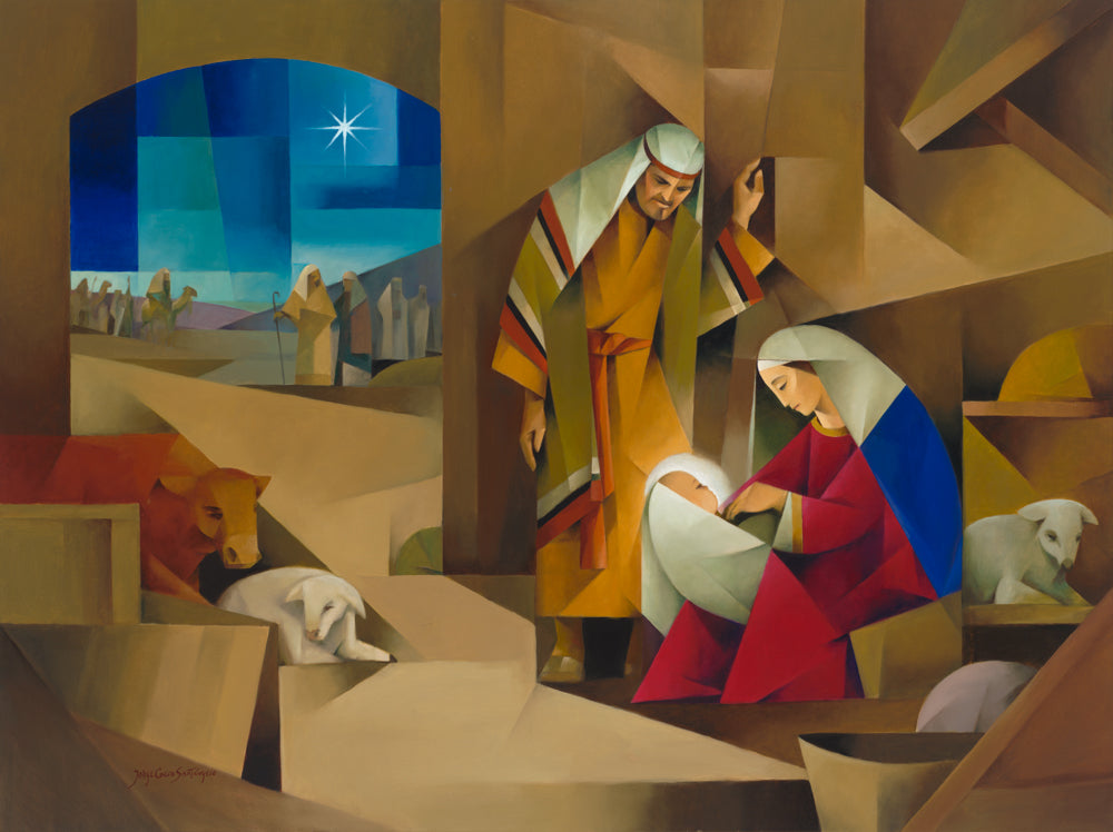 A nativity scene with Mary, Joseph, and the baby Jesus in a stable.
