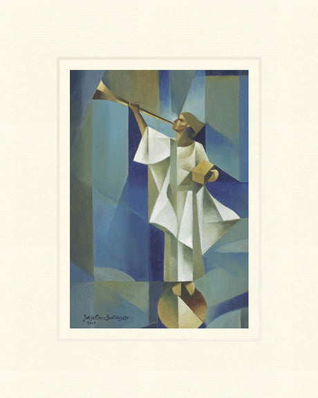 Angel Moroni stands on a circular structure holding trumpet and gold plates. Art 6