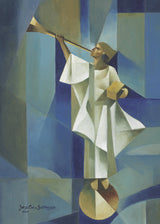 Angel Moroni stands on a circular structure holding trumpet and gold plates. Art 4