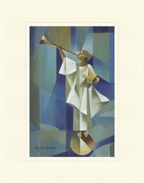 Angel Moroni stands on a circular structure holding trumpet and gold plates. Art 7