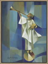 Angel Moroni stands on a circular structure holding trumpet and gold plates. Art 8