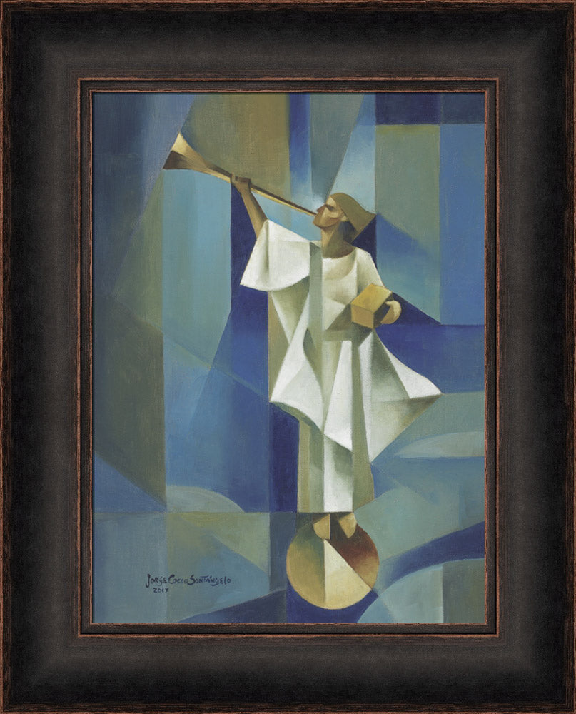 Angel Moroni stands on a circular structure holding trumpet and gold plates. Art 16