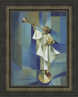 Angel Moroni stands on a circular structure holding trumpet and gold plates. Art 11