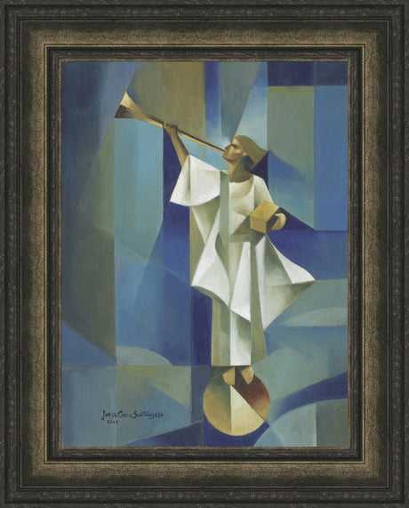 Angel Moroni stands on a circular structure holding trumpet and gold plates. Art 11