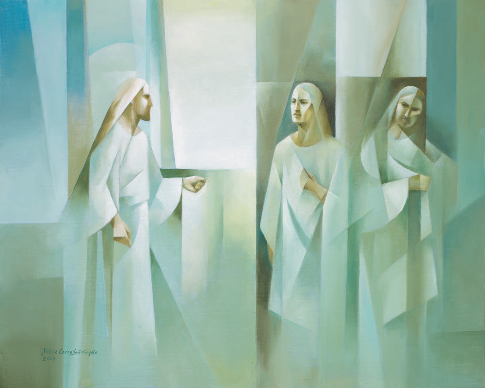 Three figures are shown dressed in white robes. Jesus, God and Satan.