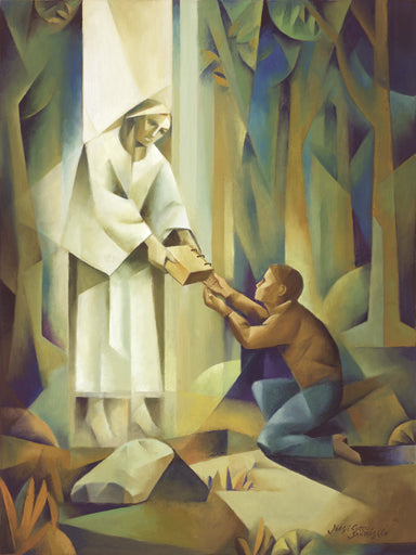 The angel Moroni is handing the gold plates to the boy, Joseph.