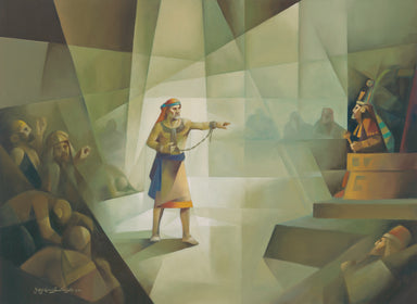 Abinadi points scornfully at King Noah as he call Noah to repent.