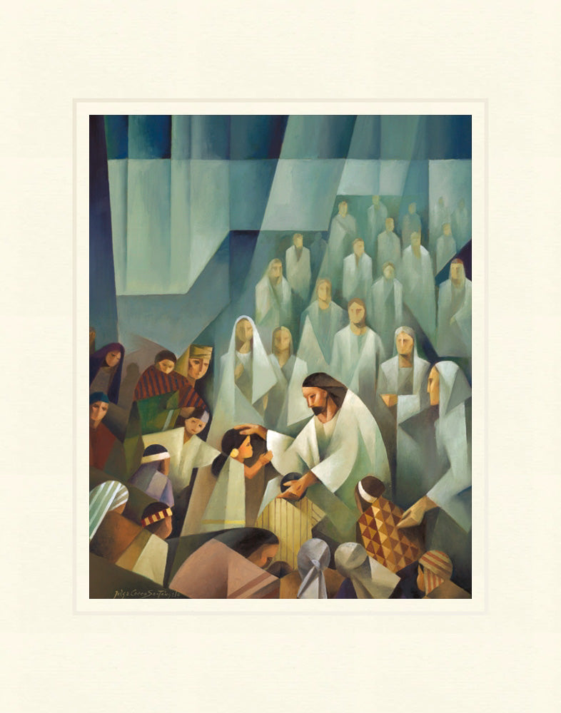 Jesus blessing children in America as angels watch. Art 6