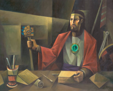 Sacrocubist rendering of Mormon as he writes Book of Mormon history.
