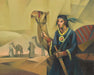 Nephi holding the reins of a camel, has the sword of Laban and brass plates.