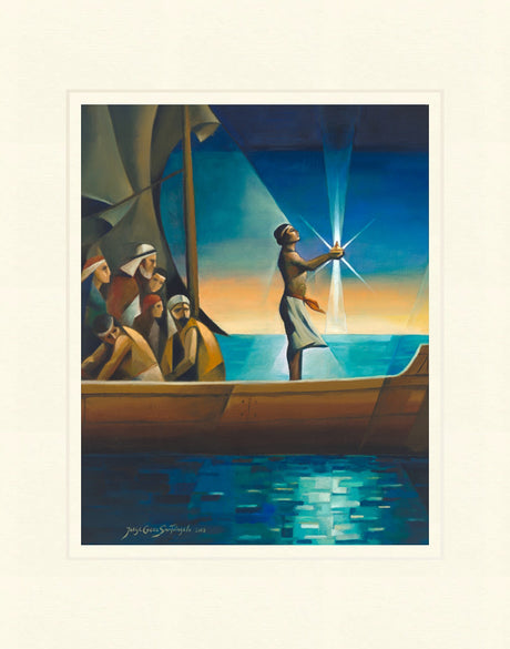 Bright colors: Nephi stands in a ship holding the glowing Liahona. Art 5