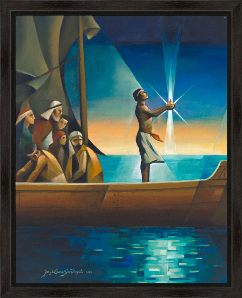 Bright colors: Nephi stands in a ship holding the glowing Liahona. Art 7