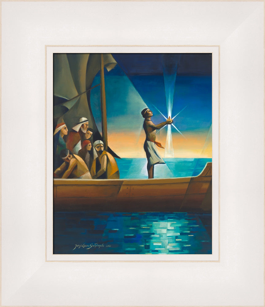 Bright colors: Nephi stands in a ship holding the glowing Liahona. Art 8