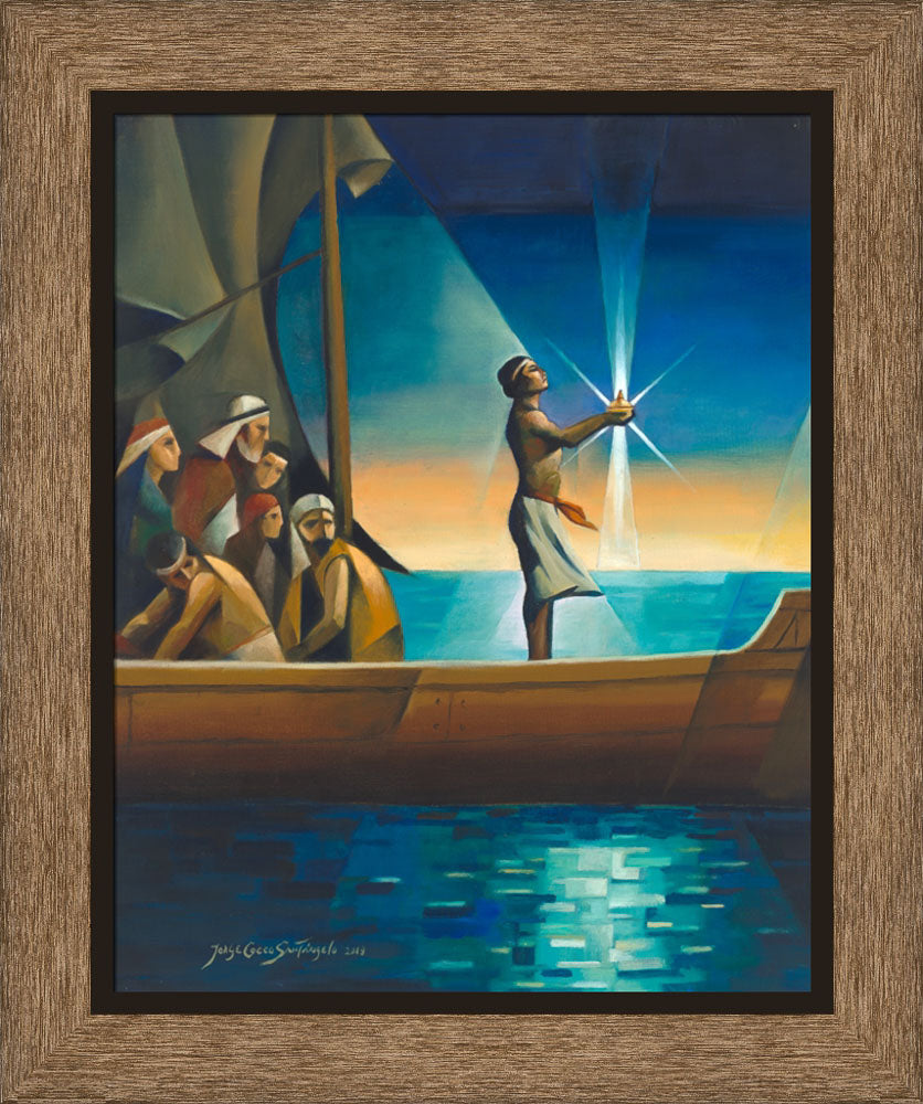 Bright colors: Nephi stands in a ship holding the glowing Liahona. Art 6