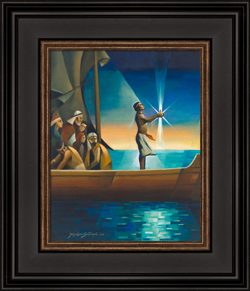 Bright colors: Nephi stands in a ship holding the glowing Liahona. Art 9